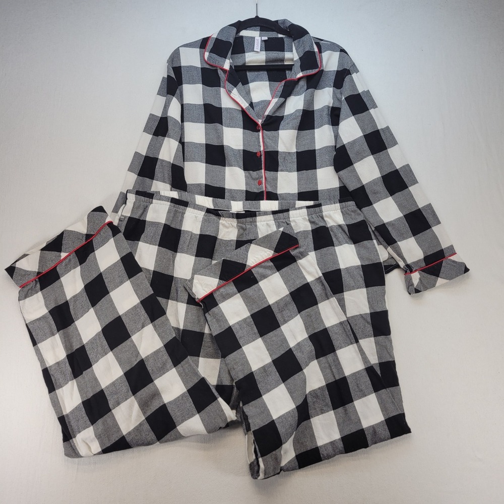 Joyspun Pajama Set Womens 2X Black White Buffalo Plaid Flannel Button Up 2PC